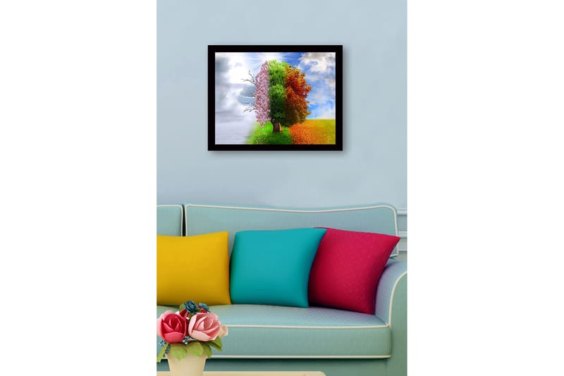 Innrammet trelerretsbilde - 41x56 cm - Trær som representerer de fire årstidene i en harmonisk komposisjon - Rosa / Grønn / Oransje - Innredning - Bilder & kunst