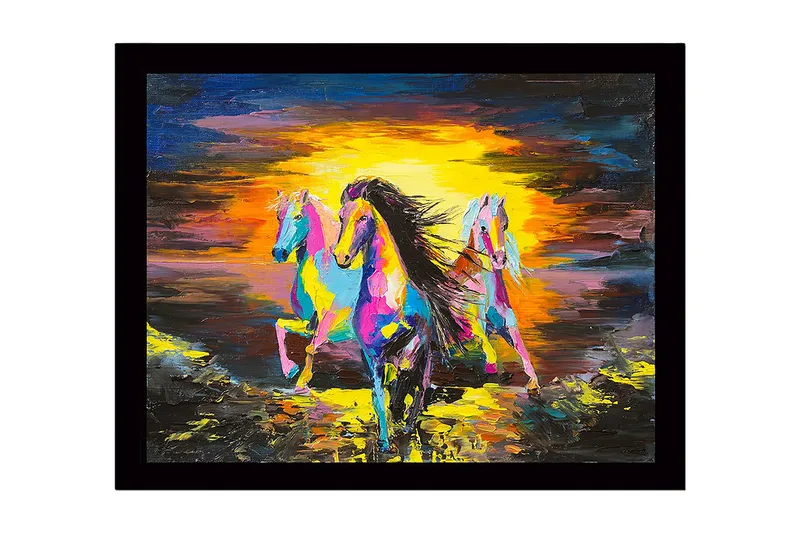 Innrammet trelerretsbilde - 41x56 cm - Tre fargerike hester galopperer mot en solnedgang - Gul / Blå / Rosa - Innredning - Bilder & kunst