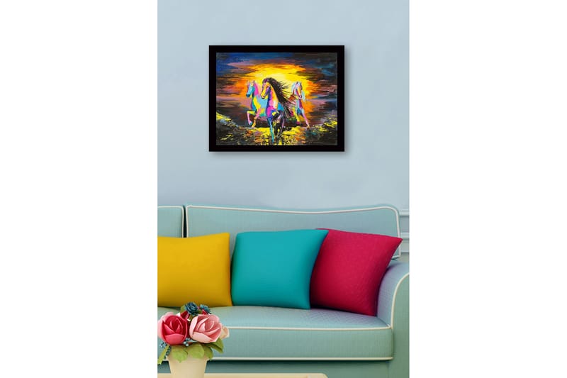 Innrammet trelerretsbilde - 41x56 cm - Tre fargerike hester galopperer mot en solnedgang - Gul / Blå / Rosa - Innredning - Bilder & kunst