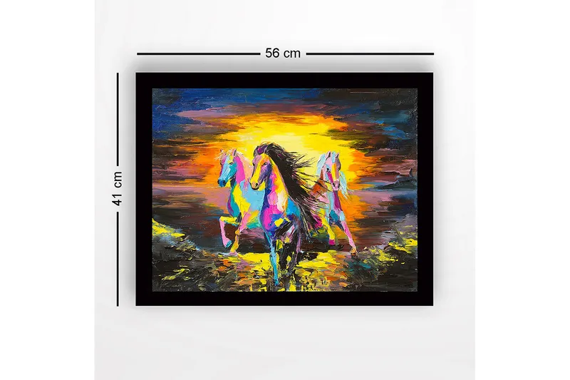 Innrammet trelerretsbilde - 41x56 cm - Tre fargerike hester galopperer mot en solnedgang - Gul / Blå / Rosa - Innredning - Bilder & kunst