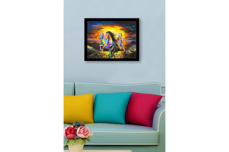 Innrammet trelerretsbilde - 41x56 cm - Tre fargerike hester galopperer mot en solnedgang - Gul / Blå / Rosa - Innredning - Bilder & kunst