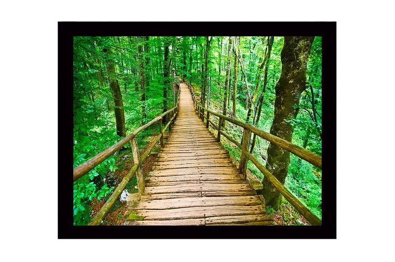 Innrammet trelerretsbilde - 41x56 cm - Trebro som slynger seg gjennom en frodig skog, Grønn / Brun