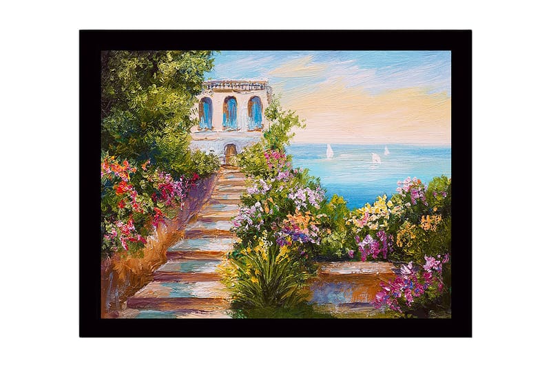 Innrammet trelerretsbilde - 41x56 cm - Vakker hage med en sti som fører til havet og en bygning i bakgrunnen - Grønn / Rosa / Blå - Innredning - Bilder & kunst