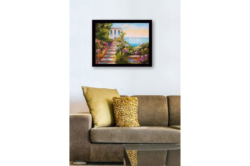 Innrammet trelerretsbilde - 41x56 cm - Vakker hage med en sti som fører til havet og en bygning i bakgrunnen - Grønn / Rosa / Blå - Innredning - Bilder & kunst