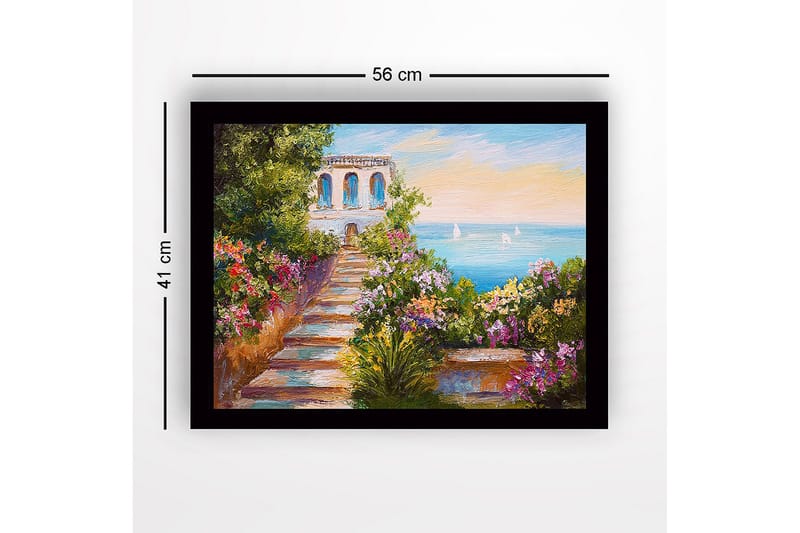 Innrammet trelerretsbilde - 41x56 cm - Vakker hage med en sti som fører til havet og en bygning i bakgrunnen - Grønn / Rosa / Blå - Innredning - Bilder & kunst