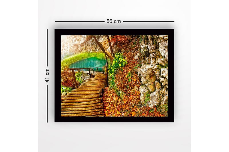 Innrammet trelerretsbilde - 41x56 cm - Vakker skogssti ved en klar innsjø omgitt av høstfarger - Grønn / Oransje / Brun - Innredning - Bilder & kunst