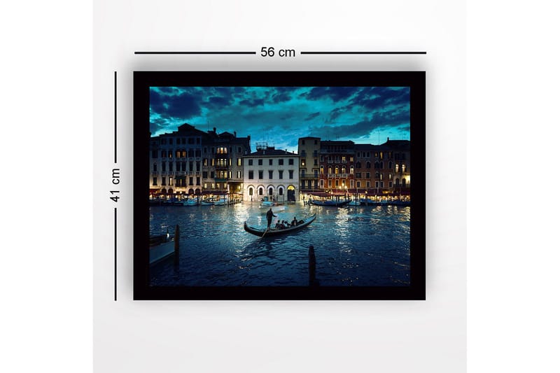 Innrammet trelerretsbilde - 41x56 cm - Vakker utsikt over en gondolbane på en kanal i Venezia om kvelden - Mørk blå / Grå / Gyllen - Innredning - Bilder & kunst