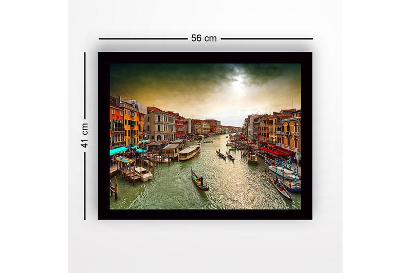 Innrammet trelerretsbilde - 41x56 cm - Vakker utsikt over en kanal i Venezia med fargerike bygninger og gondoler - Grønn / Oransje / Blå - Innredning - Bilder & kunst