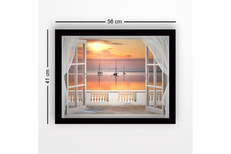 Innrammet trelerretsbilde - 41x56 cm - Vakker utsikt over seilbåter ved solnedgang gjennom et åpent vindu - Oransje / Rosa / Blå - Innredning - Bilder & kunst