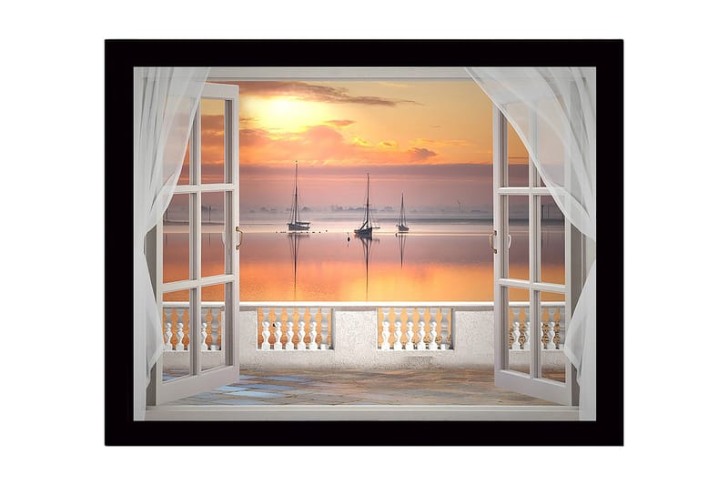 Innrammet trelerretsbilde - 41x56 cm - Vakker utsikt over seilbåter ved solnedgang gjennom et åpent vindu, Oransje / Rosa / Blå