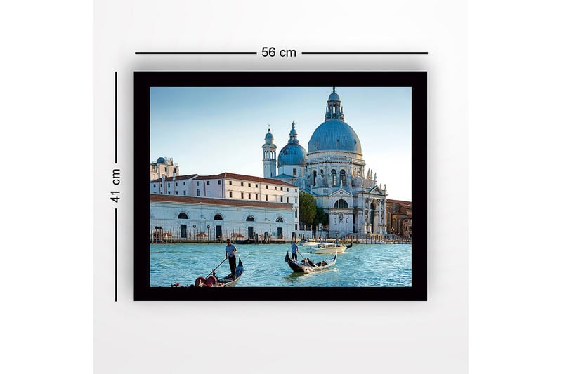 Innrammet trelerretsbilde - 41x56 cm - Vakker utsikt over venetianske gondoler i en historisk bygning - Blå / Hvit / Grå - Innredning - Bilder & kunst