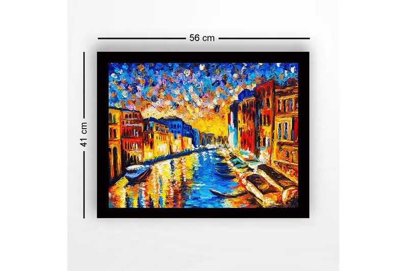 Innrammet trelerretsbilde - 41x56 cm - Vakker venetiansk kanal ved solnedgang med fargerike bygninger - Blå / Oransje / Gul - Innredning - Bilder & kunst