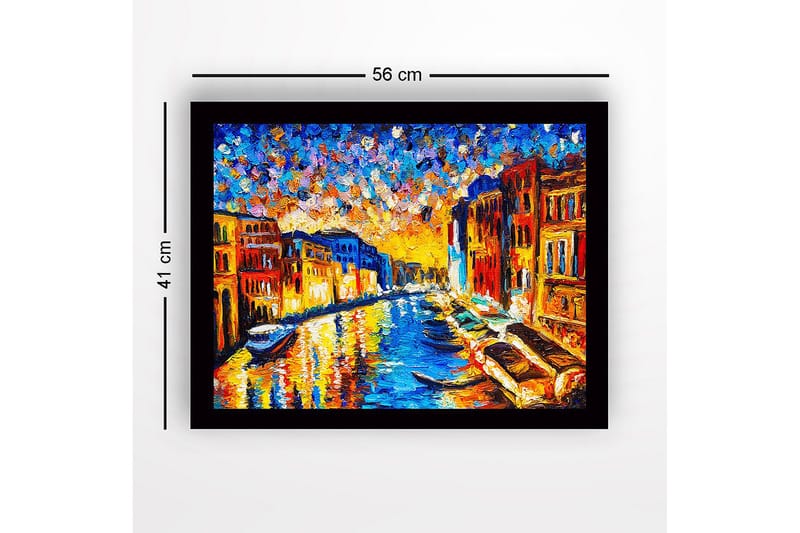 Innrammet trelerretsbilde - 41x56 cm - Vakker venetiansk kanal ved solnedgang med fargerike bygninger - Blå / Oransje / Gul - Innredning - Bilder & kunst