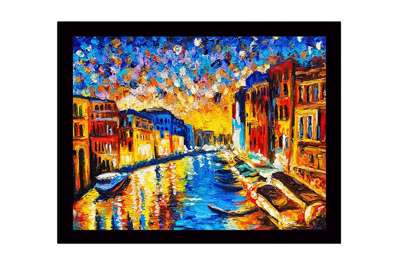 Innrammet trelerretsbilde - 41x56 cm - Vakker venetiansk kanal ved solnedgang med fargerike bygninger - Blå / Oransje / Gul - Innredning - Bilder & kunst