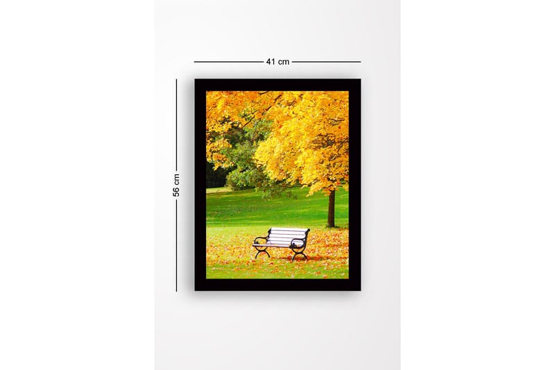 Innrammet trelerretsbilde - 41x56 cm - Vakker parkbenk omgitt av gyldne høstblader - Gull / Grønn / Svart - Innredning - Bilder & kunst