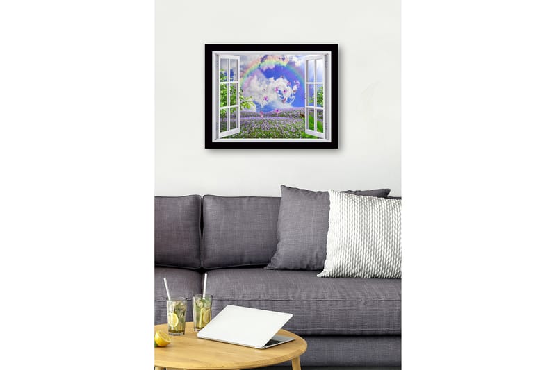 Innrammet trelerretsbilde - 41x56 cm - Vindusutsikt over en blomstrende eng med sommerfugler og en regnbue - Lilla / Grønn / Blå - Innredning - Bilder & kunst
