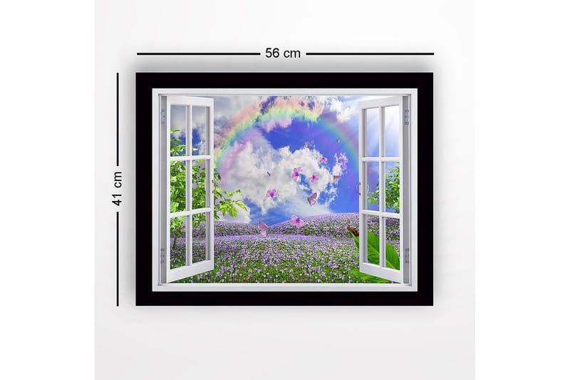 Innrammet trelerretsbilde - 41x56 cm - Vindusutsikt over en blomstrende eng med sommerfugler og en regnbue - Lilla / Grønn / Blå - Innredning - Bilder & kunst
