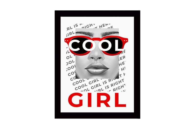 Innrammet trelerretsbilde - 41x56 cm - Portrett av en kvinne med kule solbriller, Rød / Svart / Hvit