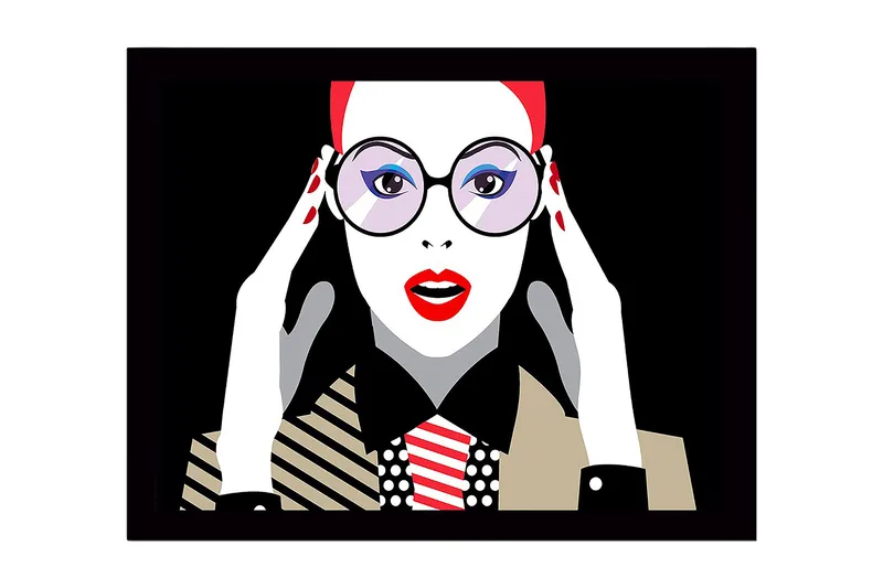 Innrammet trelerretsbilde - 41x56 cm - Portrett av en kvinne med store briller og rød leppestift, Rød / Svart / Hvit