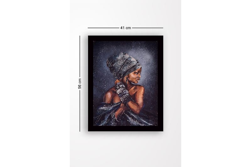 Innrammet trelerretsbilde - 41x56 cm - Portrett av en kvinne med tradisjonelt hodeskjerf og smykker - Mørk brun / Grå / Svart - Innredning - Bilder & kunst