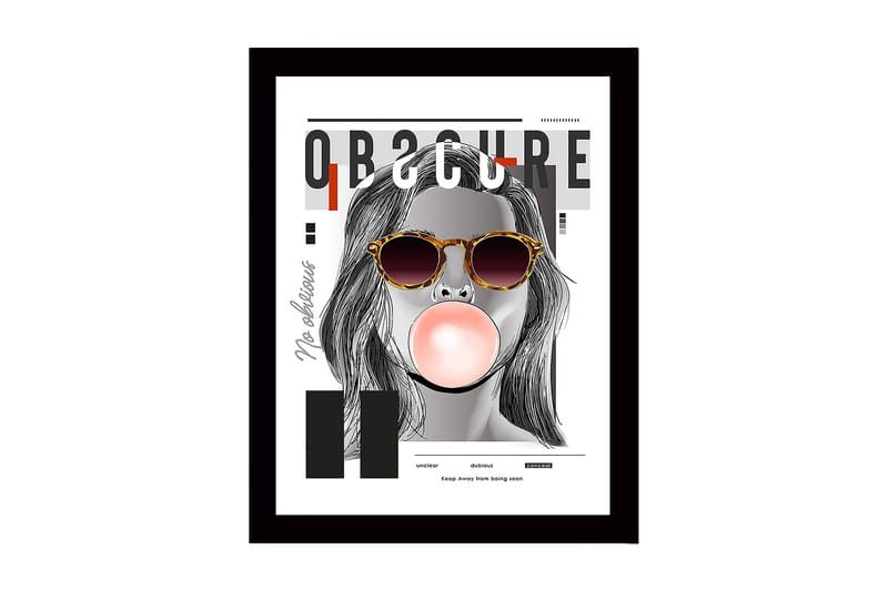 Innrammet trelerretsbilde - 41x56 cm - Portrett av en kvinne med solbriller som blåser tyggegummi, Grå / Svart / Beige