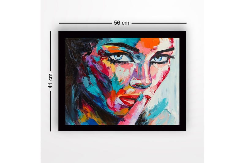 Innrammet trelerretsbilde - 41x56 cm - Portrett av en kvinne med en mystisk gest - Blå / Rød / Rosa - Innredning - Bilder & kunst