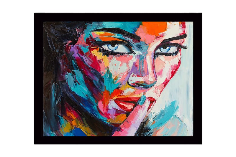 Innrammet trelerretsbilde - 41x56 cm - Portrett av en kvinne med en mystisk gest, Blå / Rød / Rosa