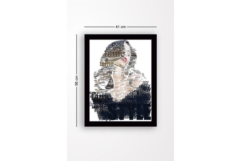 Innrammet trelerretsbilde - 41x56 cm - Portrett av en kvinne omgitt av ord som beskriver skjønnhet og stil - Svart / Beige / Brun - Innredning - Bilder & kunst