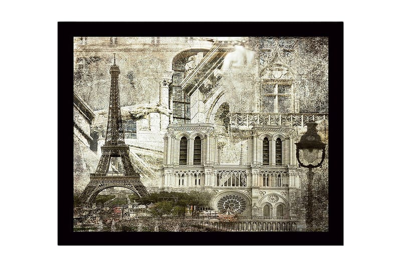 Innrammet trelerretsbilde - 41x56 cm - Parisisk bybilde med ikoniske bygninger - Grå / Svart / Hvit - Innredning - Bilder & kunst