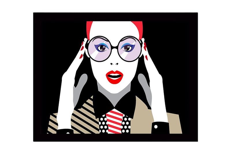 Innrammet trelerretsbilde - 41x56 cm - Portrett av en kvinne med store briller og rød leppestift, Rød / Svart / Hvit