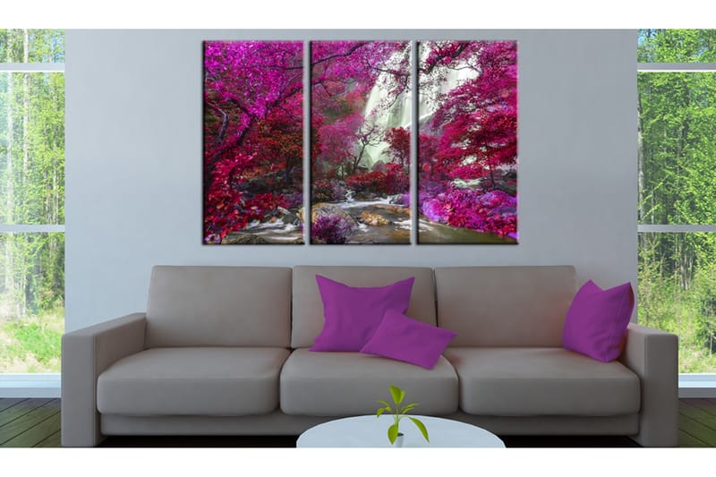 Bilde Beautiful Waterfall Pink Forest 90x60 - Artgeist sp. z o. o. - Innredning - Bilder & kunst - Lerretsbilder