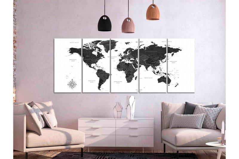 Bilde Black And White Map 5 Parts Narrow 225x90 - Artgeist sp. z o. o. - Innredning - Bilder & kunst - Lerretsbilder
