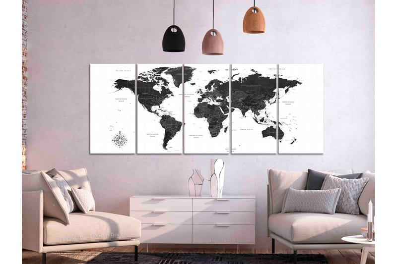 Bilde Black And White Map 5 Parts Narrow 225x90 - Artgeist sp. z o. o. - Innredning - Bilder & kunst - Lerretsbilder