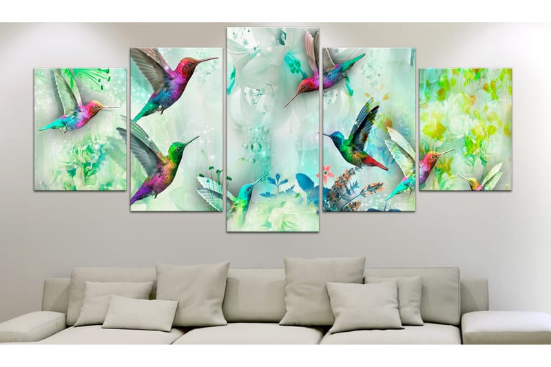 Bilde Colourful Hummingbirds 5 Parts Wide Green 100x50 - Artgeist sp. z o. o. - Innredning - Bilder & kunst - Lerretsbilder