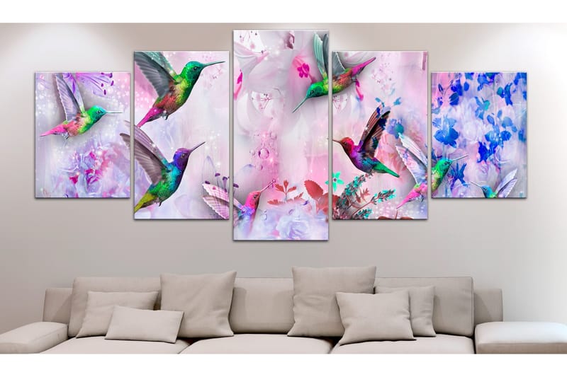 Bilde Colourful Hummingbirds 5 Parts Wide Violet 100x50 - Artgeist sp. z o. o. - Innredning - Bilder & kunst - Lerretsbilder
