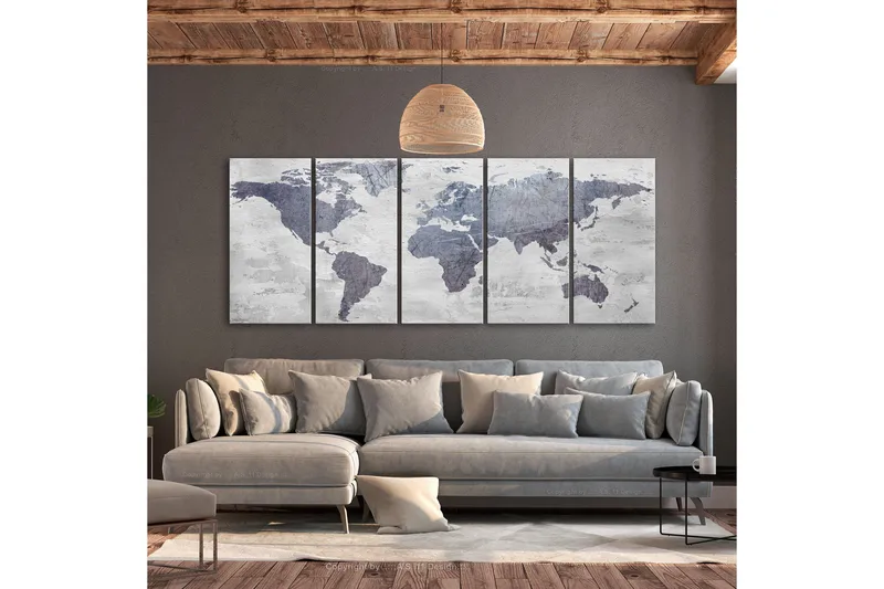 Bilde Concrete World Map 5 Parts Narrow 225x90 - Artgeist sp. z o. o. - Innredning - Bilder & kunst - Lerretsbilder