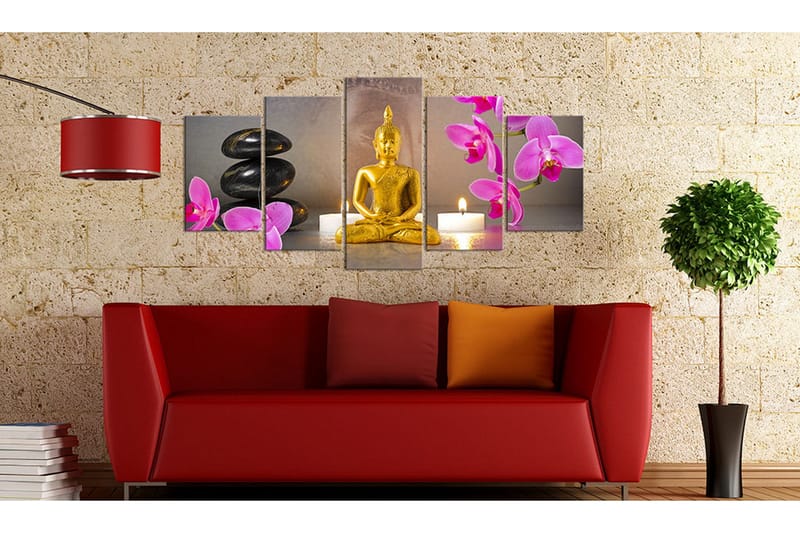 Bilde Golden Buddha And Orchids 200x100 - Artgeist sp. z o. o. - Innredning - Bilder & kunst - Lerretsbilder