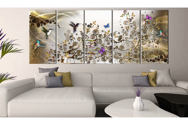 Bilde Hummingbirds Dance 5 Parts Gold Narrow 200x80 - Artgeist sp. z o. o. - Innredning - Bilder & kunst - Lerretsbilder