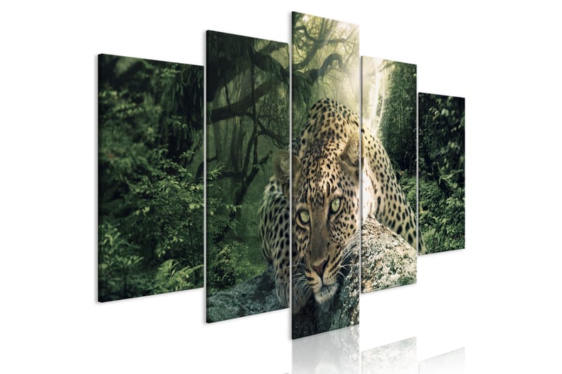 Bilde Leopard Lying 5 Parts Wide Pale Green 200x100 - Artgeist sp. z o. o. - Lerretsbilder