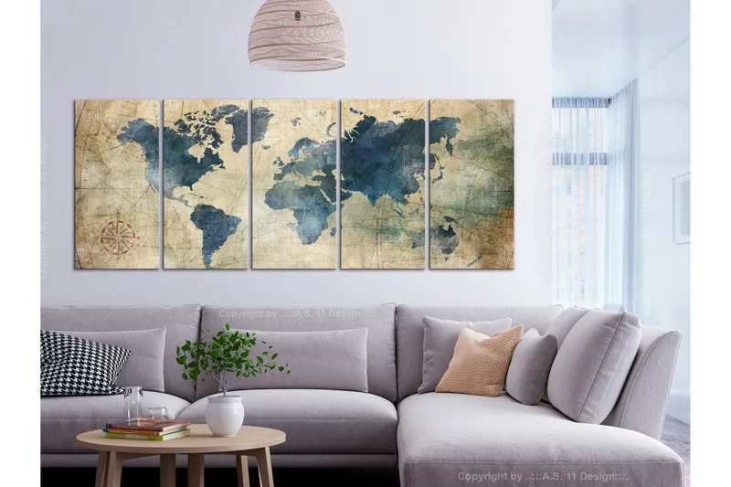 Bilde Retro Map 5 Parts Narrow 225x90 - Artgeist sp. z o. o. - Innredning - Bilder & kunst - Lerretsbilder