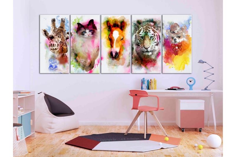 Bilde Watercolour Animals 5 Parts Narrow 200x80 - Artgeist sp. z o. o. - Innredning - Bilder & kunst - Lerretsbilder