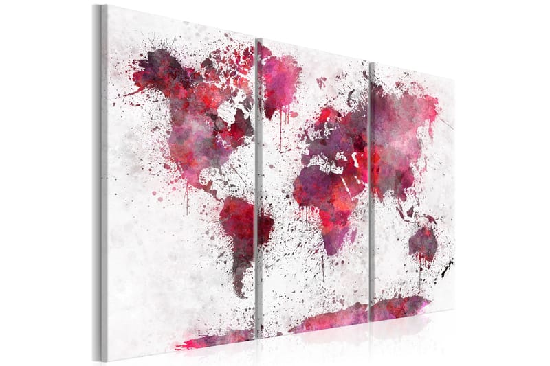 Bilde World Map Red Watercolors 3 Parts 90x60, Artgeist sp. z o. o.