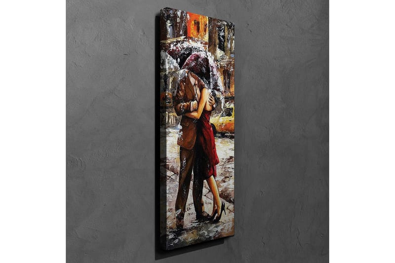 Lerret 30x80 cm - Romantisk dans under en paraply i regnet - Rød / Brun / Grå - Innredning - Bilder & kunst - Lerretsbilder