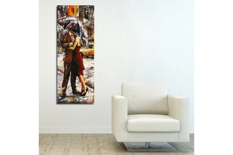 Lerret 30x80 cm - Romantisk dans under en paraply i regnet - Rød / Brun / Grå - Innredning - Bilder & kunst - Lerretsbilder