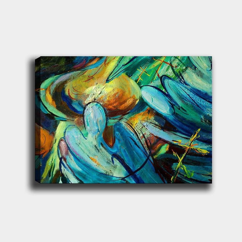 Lerret 70x100 cm - Abstrakt komposisjon med figurer som synes å samhandle i en dynamisk bevegelse, Blå / Grønn / Oransje