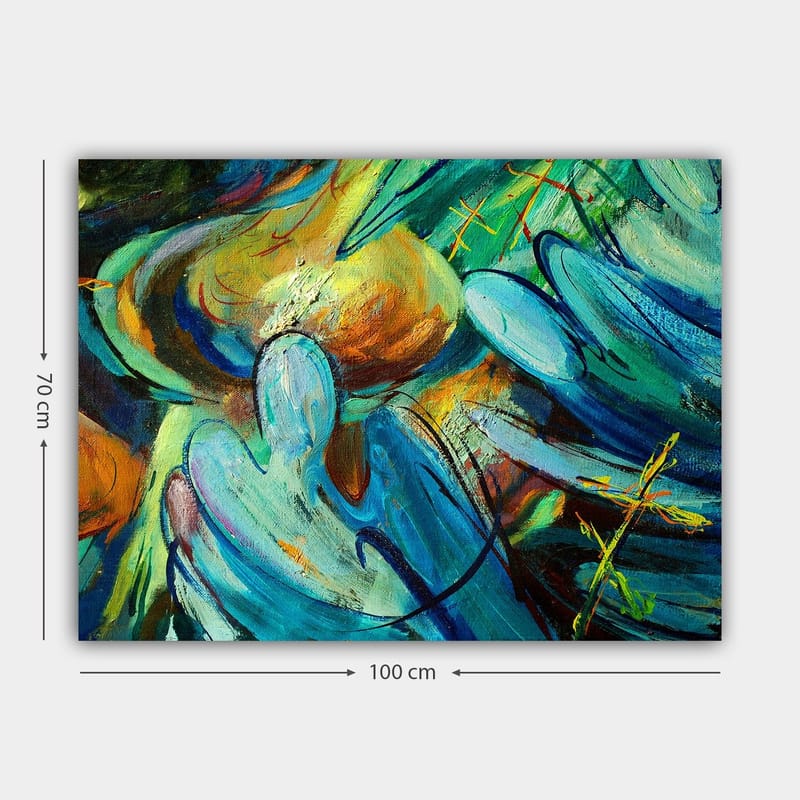 Lerret 70x100 cm - Abstrakt komposisjon med figurer som synes å samhandle i en dynamisk bevegelse - Blå / Grønn / Oransje - Innredning - Bilder & kunst - Lerretsbilder