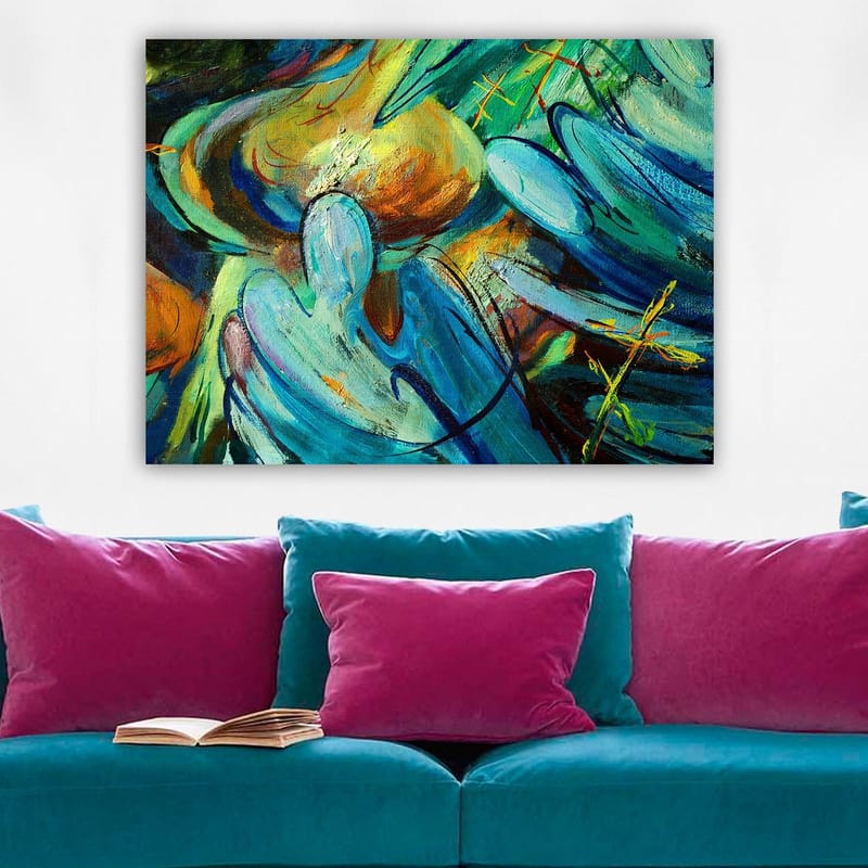 Lerret 70x100 cm - Abstrakt komposisjon med figurer som synes å samhandle i en dynamisk bevegelse - Blå / Grønn / Oransje - Innredning - Bilder & kunst - Lerretsbilder