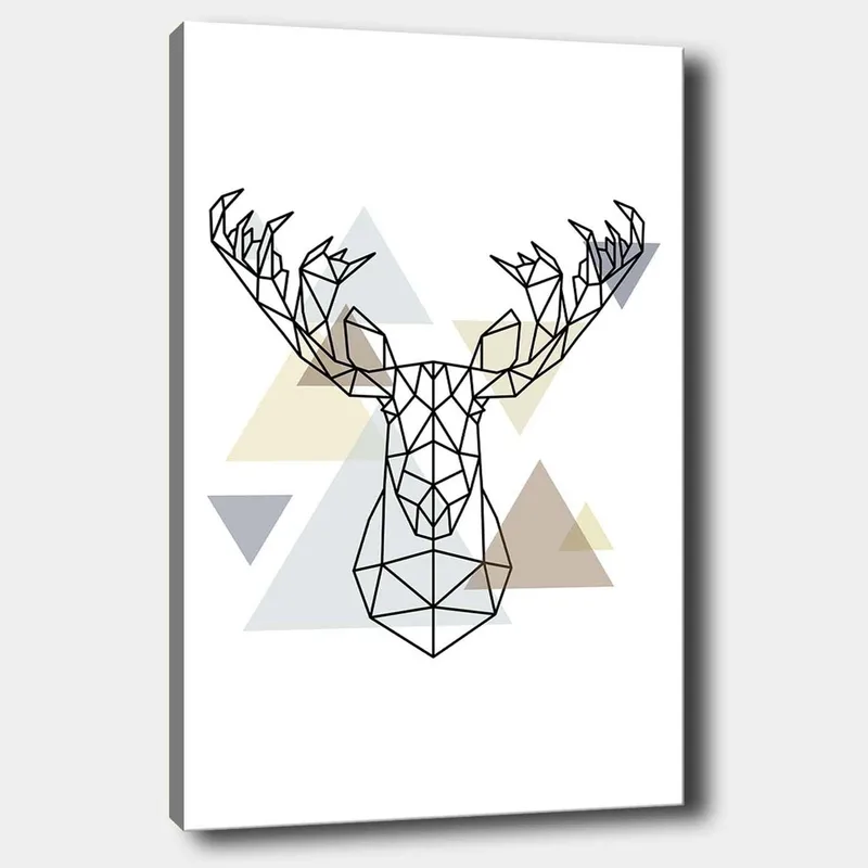 Lerret 70x100 cm - Geometrisk elghode i polygonal stil, Svart / Lys grå / Beige