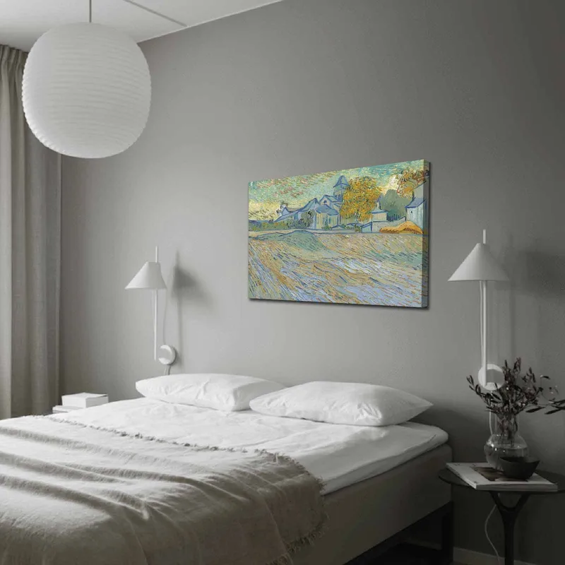 Lerret 70x100 cm - Landskapsmaleri med hus og trær i et harmonisk og fargerikt miljø, Blå / Gul / Grønn