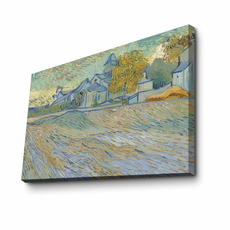 Lerret 70x100 cm - Landskapsmaleri med hus og trær i et harmonisk og fargerikt miljø - Blå / Gul / Grønn - Innredning - Bilder & kunst - Lerretsbilder